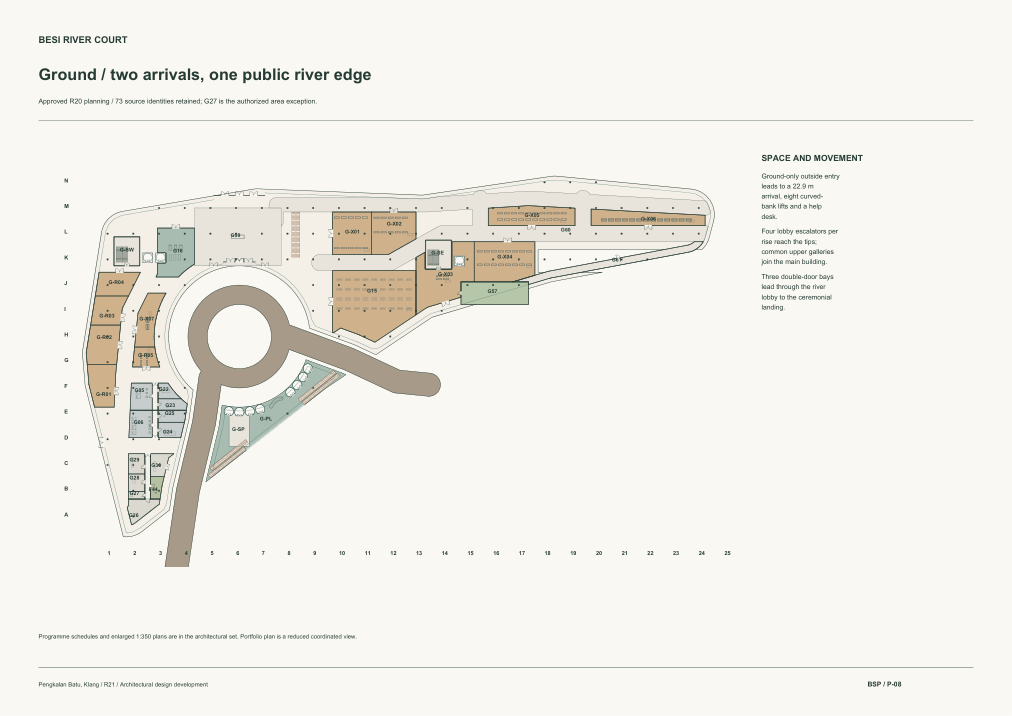 Ground / retail, pedestrian lobby and river arrival · R21 issue plan