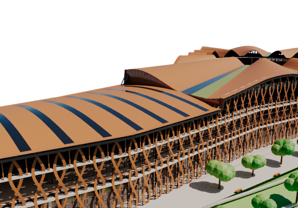 Terrace rain roofs and flared bronze side facade