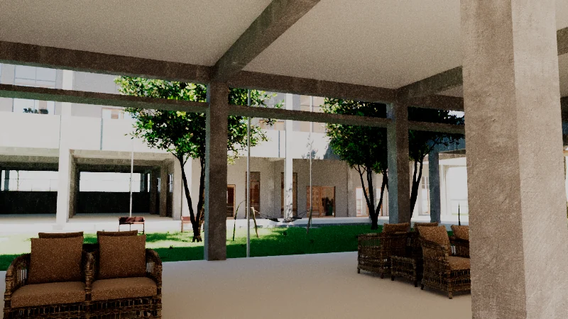 Covered kolong space with seating and a view into the planted courtyard
