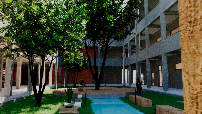 Shaded learning courtyard, framed by verandas and trees