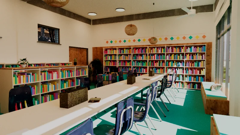 The school library, with reading tables, bookshelves and a teal floor